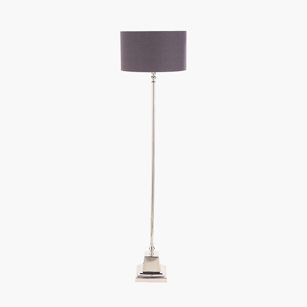 Claudius Nickel Metal Stick Floor Lamp Base with Henry 40cm Grey Handloom Cylinder Lampshade.