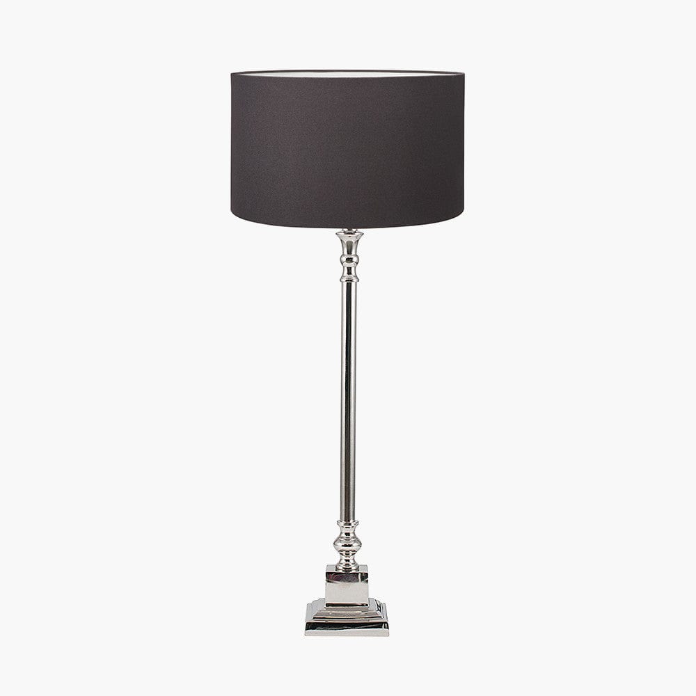 Claudius Nickel Metal Stick Table Lamp Base with Henry 30cm Grey Handloom Cylinder Lampshade.