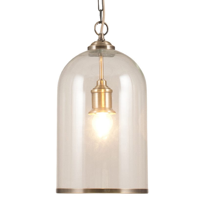 Cloche Clear Glass and Antique Brass Rimmed Pendant.