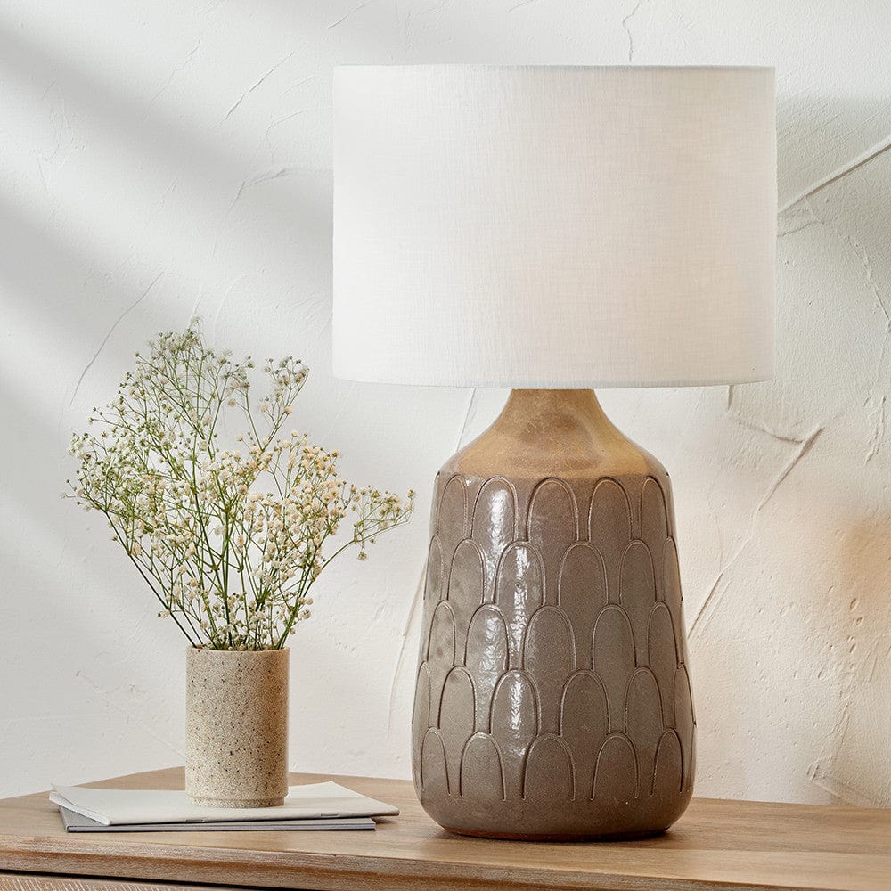 Coco Grey Gloss Arch Design Stoneware Table Lamp Base with Lino 35cm Grey Self Lined Linen Cylinder Lampshade.