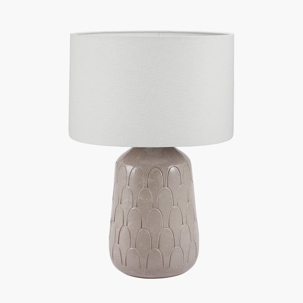 Coco Grey Gloss Arch Design Stoneware Table Lamp Base with Lino 35cm Grey Self Lined Linen Cylinder Lampshade.