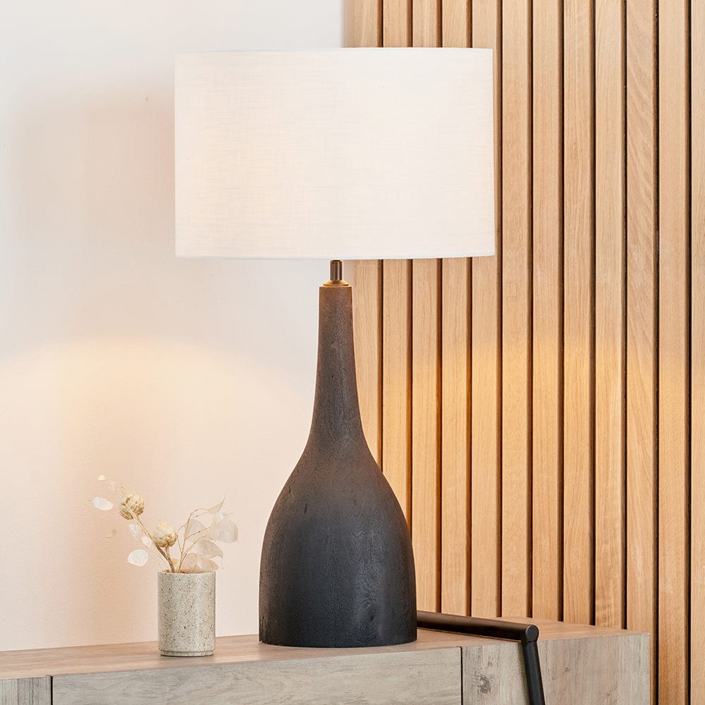 Corella Black Mango Wood Curved Table Lamp Base with Lino 40cm White Self Lined Linen Drum Shade.