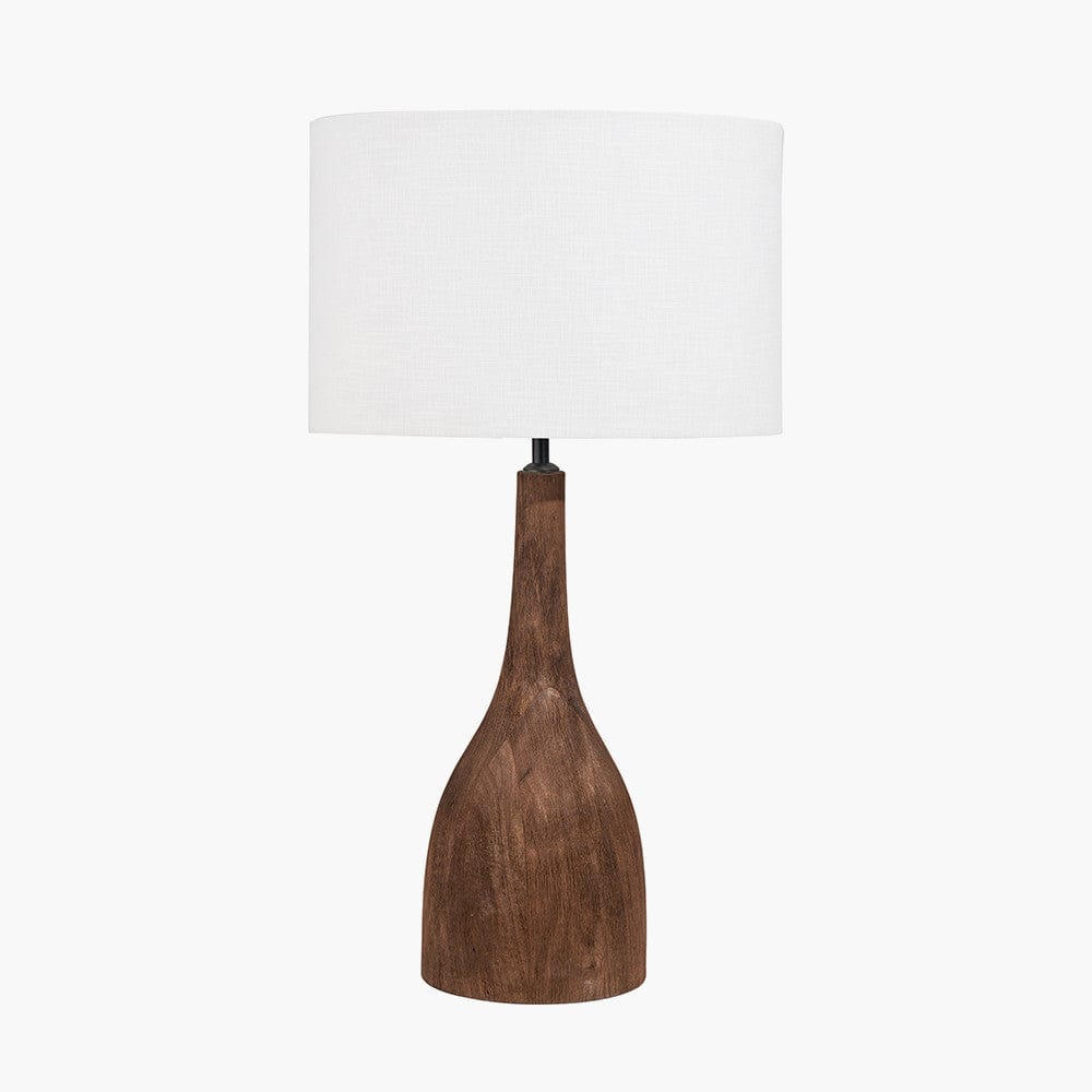 Corella Chocolate Brown Mango Wood Curved Table Lamp Base with Lino 40cm White Self Lined Linen Cylinder Lampshade.