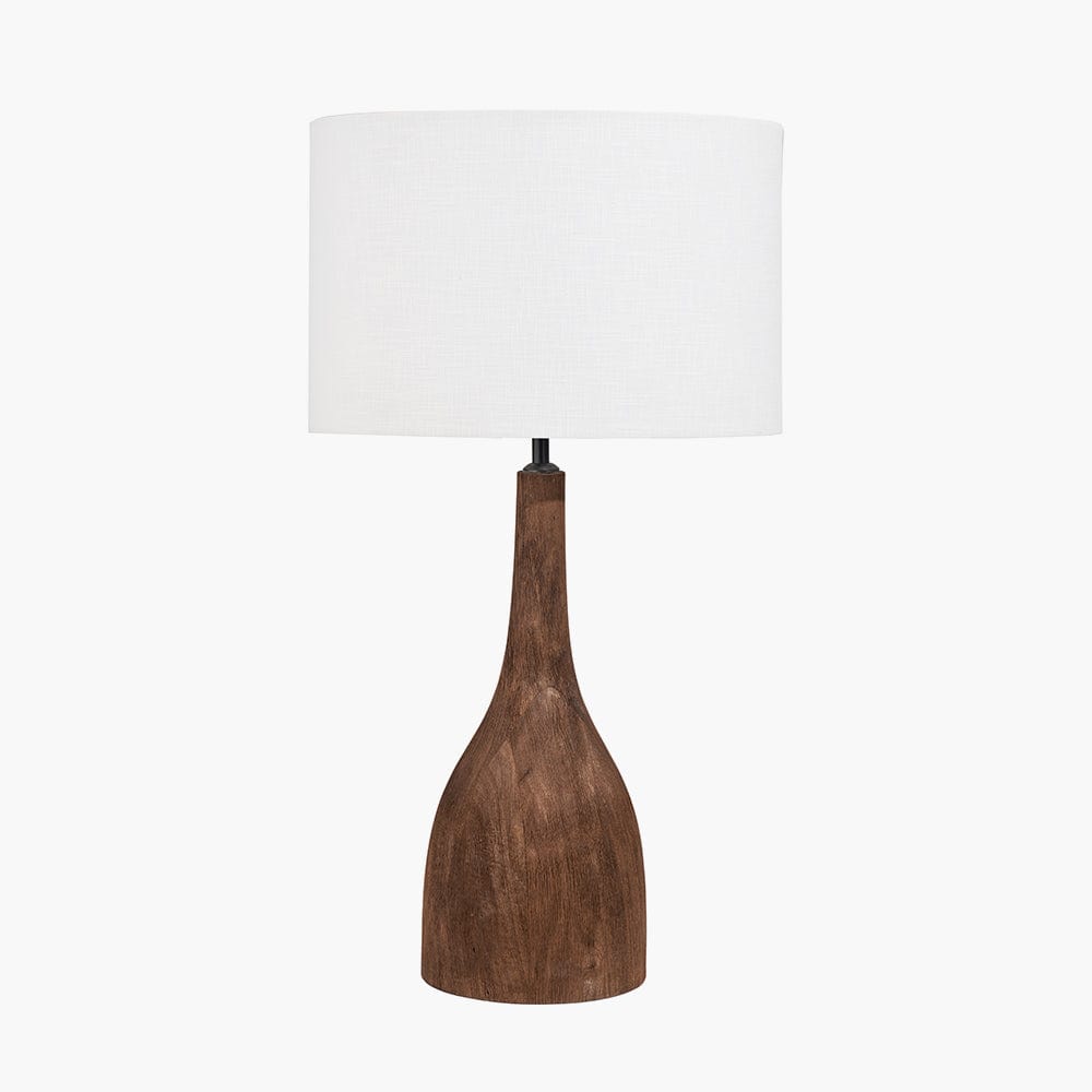 Corella Chocolate Brown Mango Wood Curved Table Lamp Base with Lino 40cm White Self Lined Linen Drum Shade.