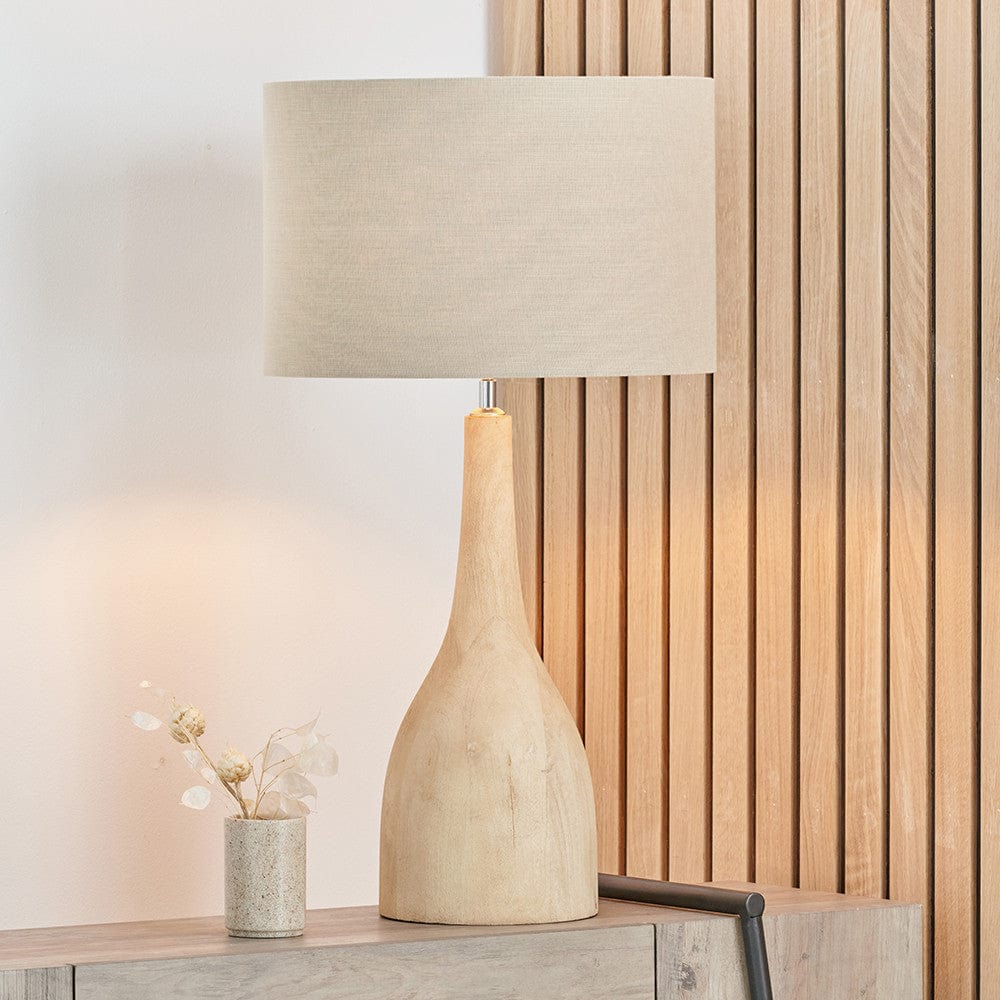 Corella Natural Mango Wood Curved Table Lamp Base with Lino 40cm Grey Self Lined Linen Cylinder Lampshade.