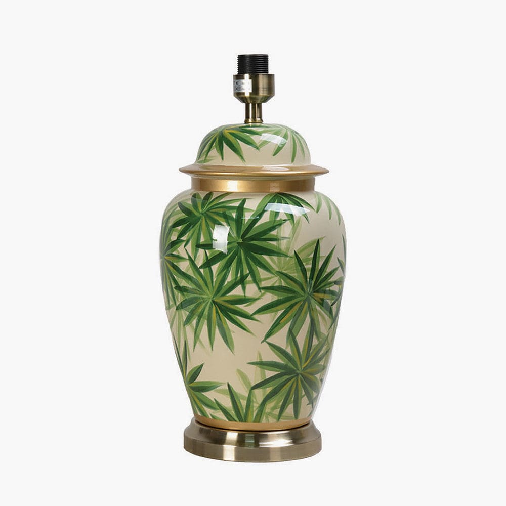 Curacao Palm Leaf Design Ceramic Urn Table Lamp Base with Milos 40cm Natural Linen Tapered Lampshade.