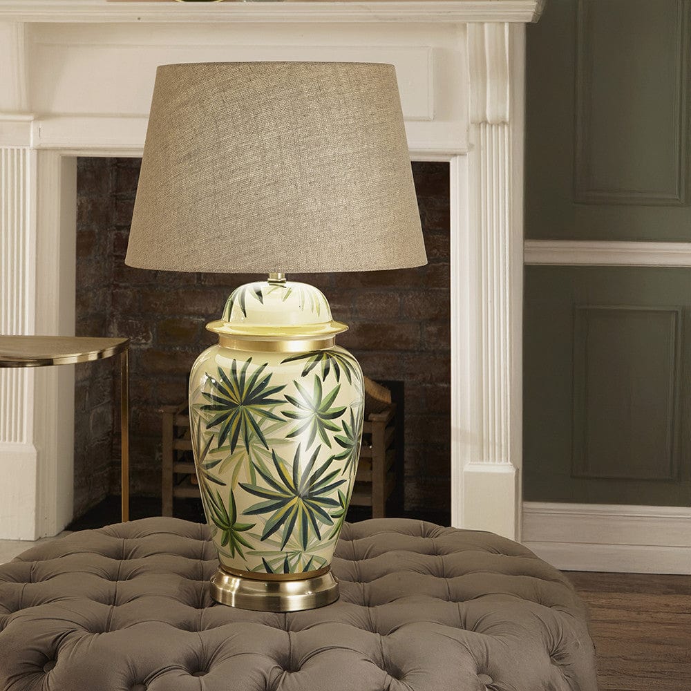 Curacao Palm Leaf Design Ceramic Urn Table Lamp Base with Milos 40cm Natural Linen Tapered Lampshade.