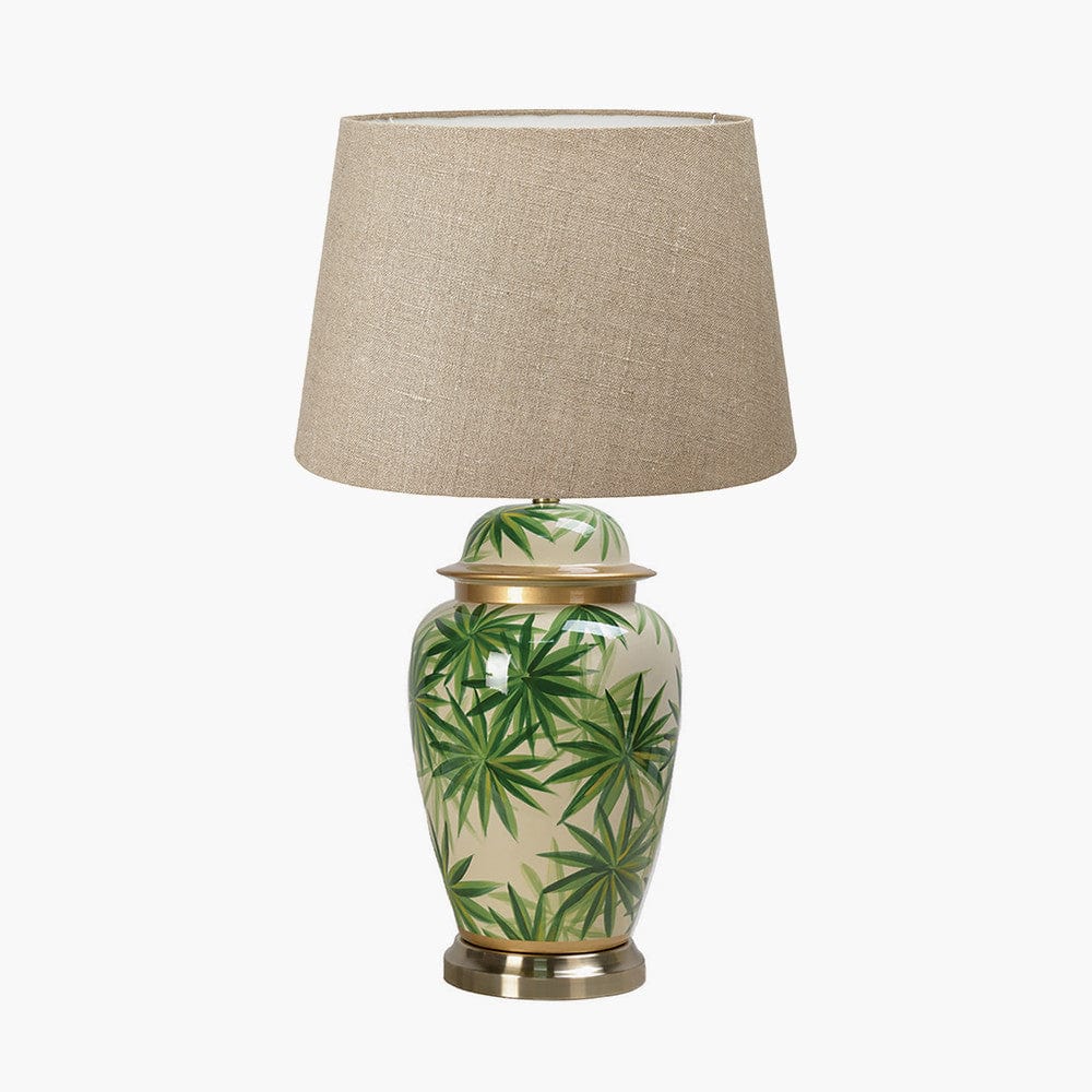 Curacao Palm Leaf Design Ceramic Urn Table Lamp Base with Milos 40cm Natural Linen Tapered Lampshade.