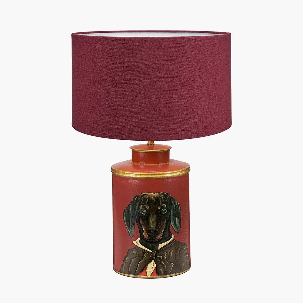 Dachshund Red Hand Painted Metal Table Lamp Base with Henry 35cm Mulberry Handloom Cylinder Lampshade.