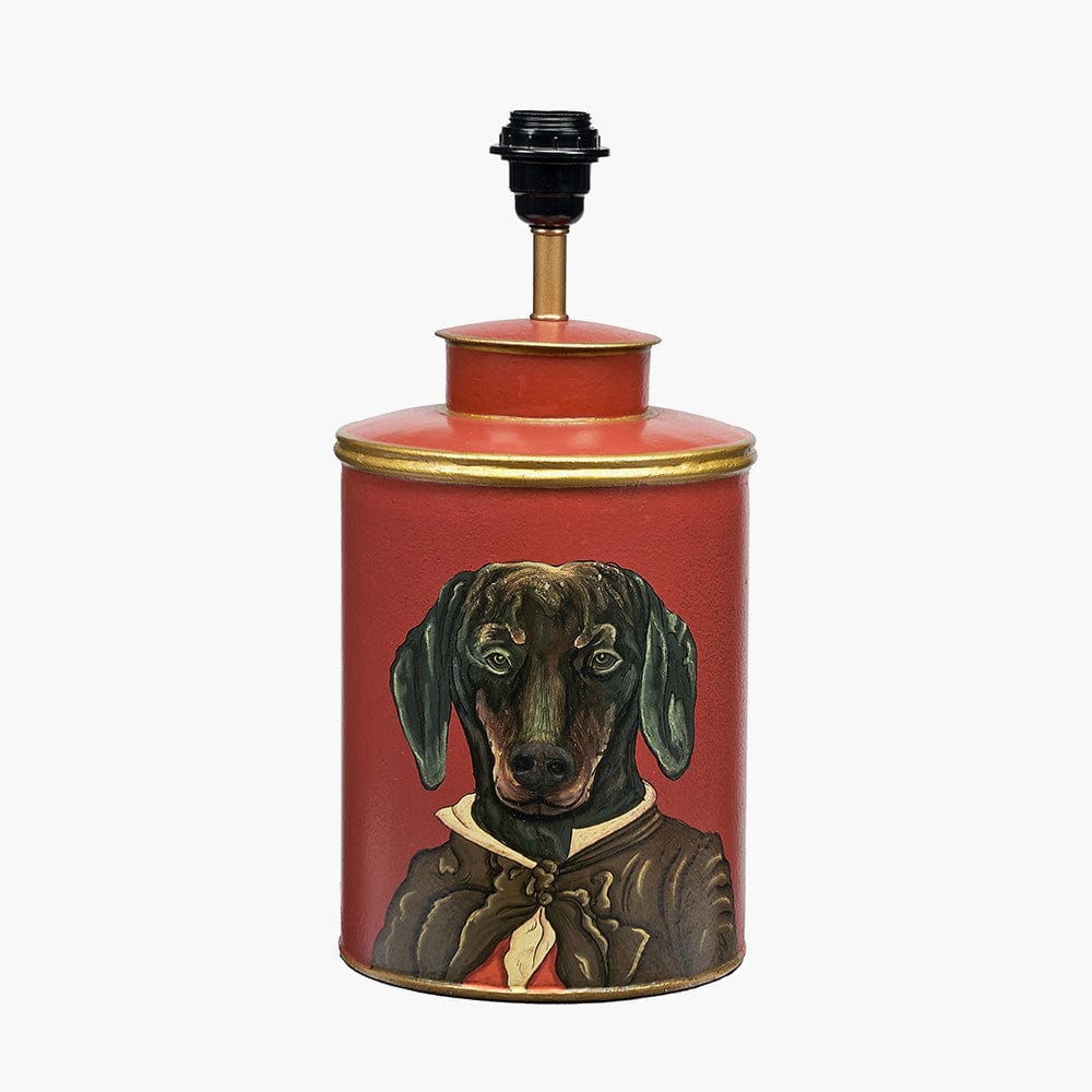 Dachshund Red Hand Painted Metal Table Lamp Base with Henry 35cm Mulberry Handloom Cylinder Lampshade.