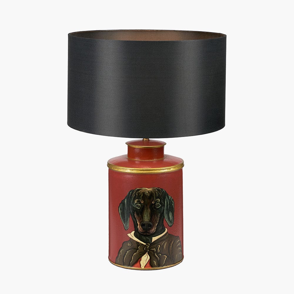 Dachshund Red Hand Painted Metal Table Lamp Base with Zara 40cm Black Silk Cylinder Lampshade.
