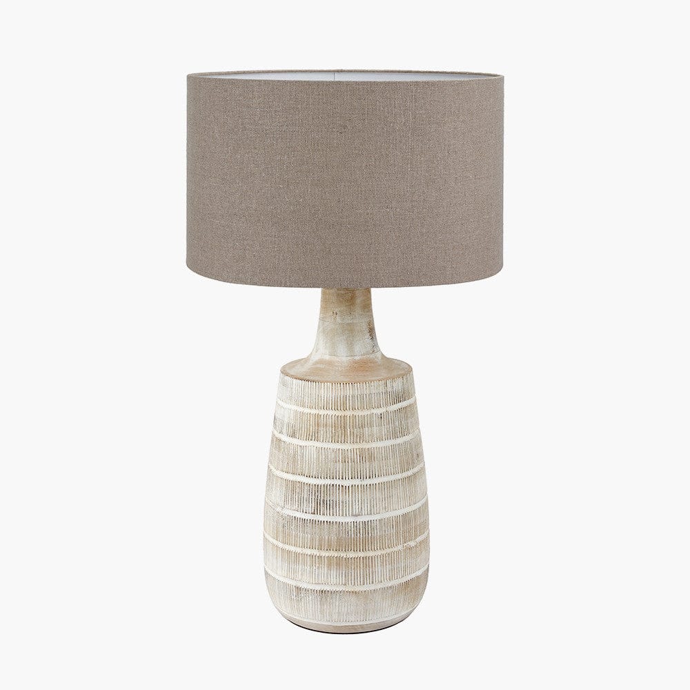 Pacific Lifestyle Lighting Dambula White Wash Wood Textured Tall Neck Table Lamp Base with Edward 40cm Natural Linen Cylinder Lampshade House of Isabella UK