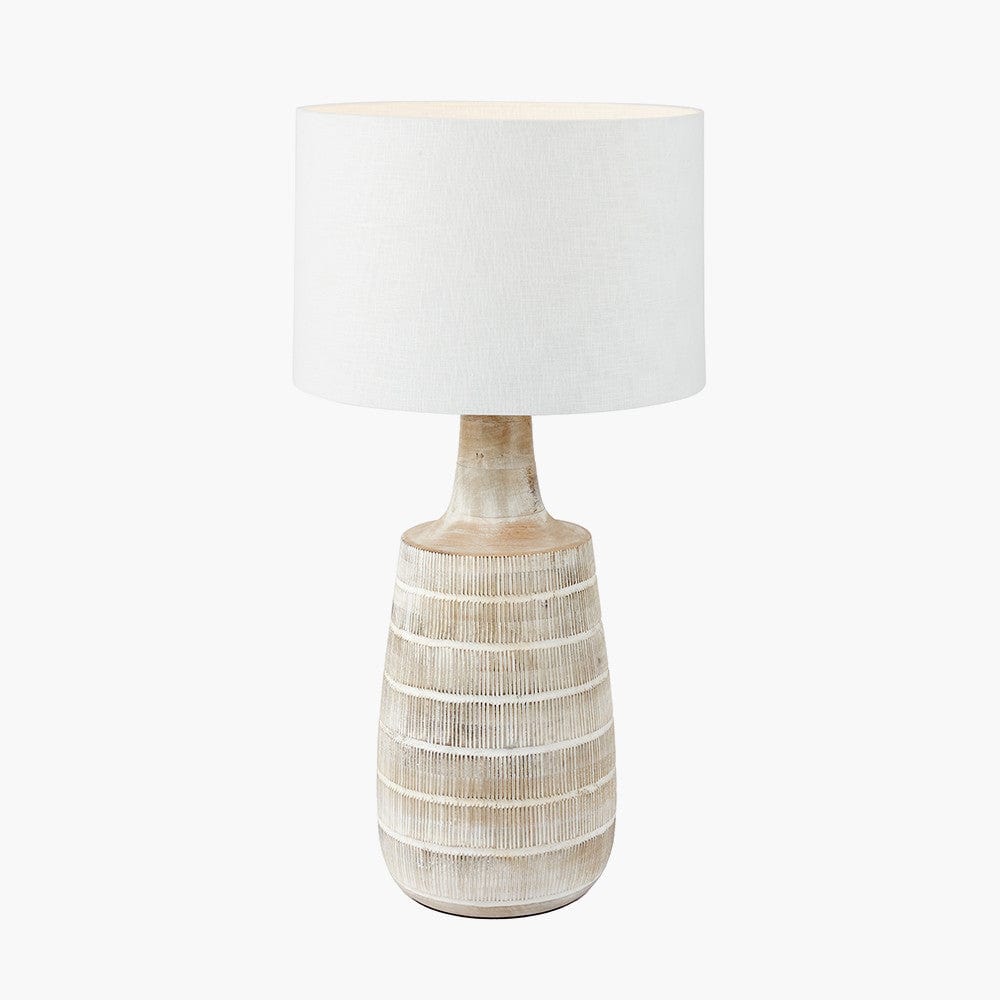 Dambula White Wash Wood Textured Tall Neck Table Lamp Base with Lino 35cm White Self Lined Linen Cylinder Lampshade.