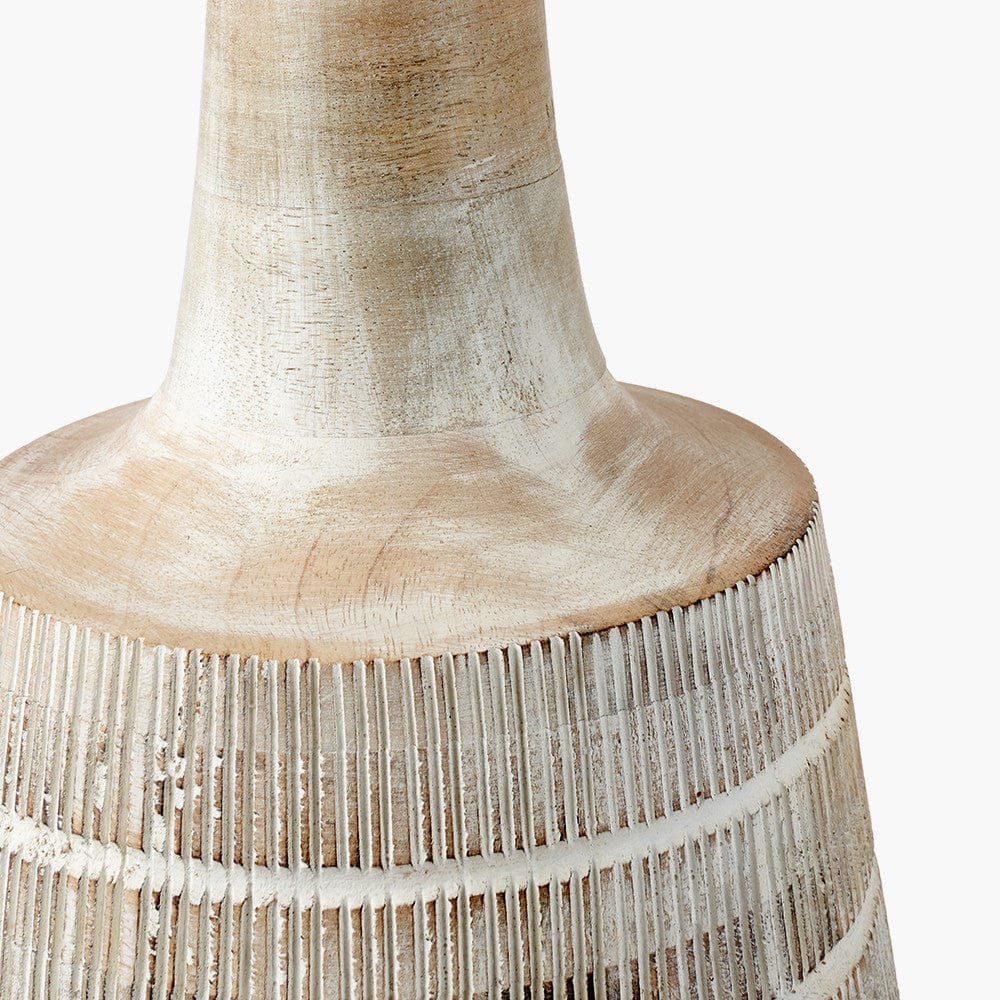 Dambula White Wash Wood Textured Tall Neck Table Lamp Base with Lino 35cm White Self Lined Linen Cylinder Lampshade.