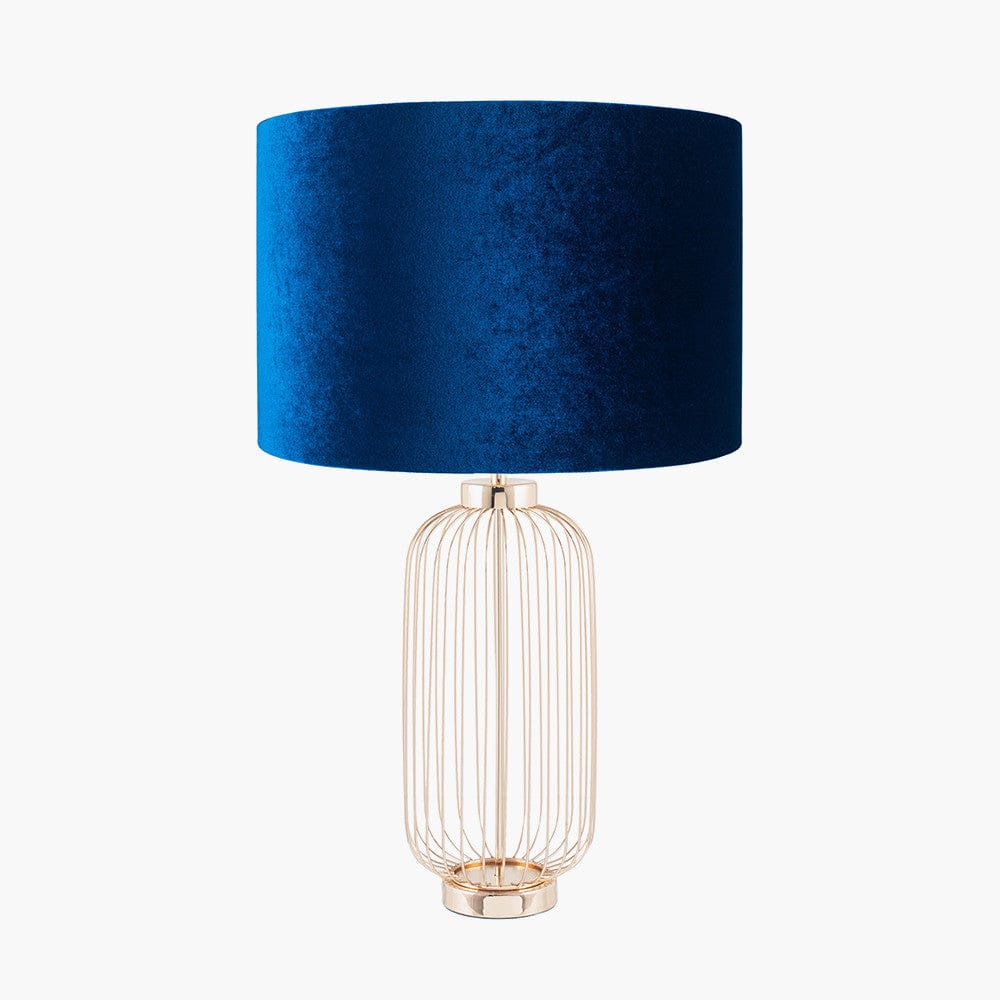 Dania French Gold Metal Wire Tall Table Lamp Base with Bow 40cm Sapphire Velvet Cylinder Lampshade.