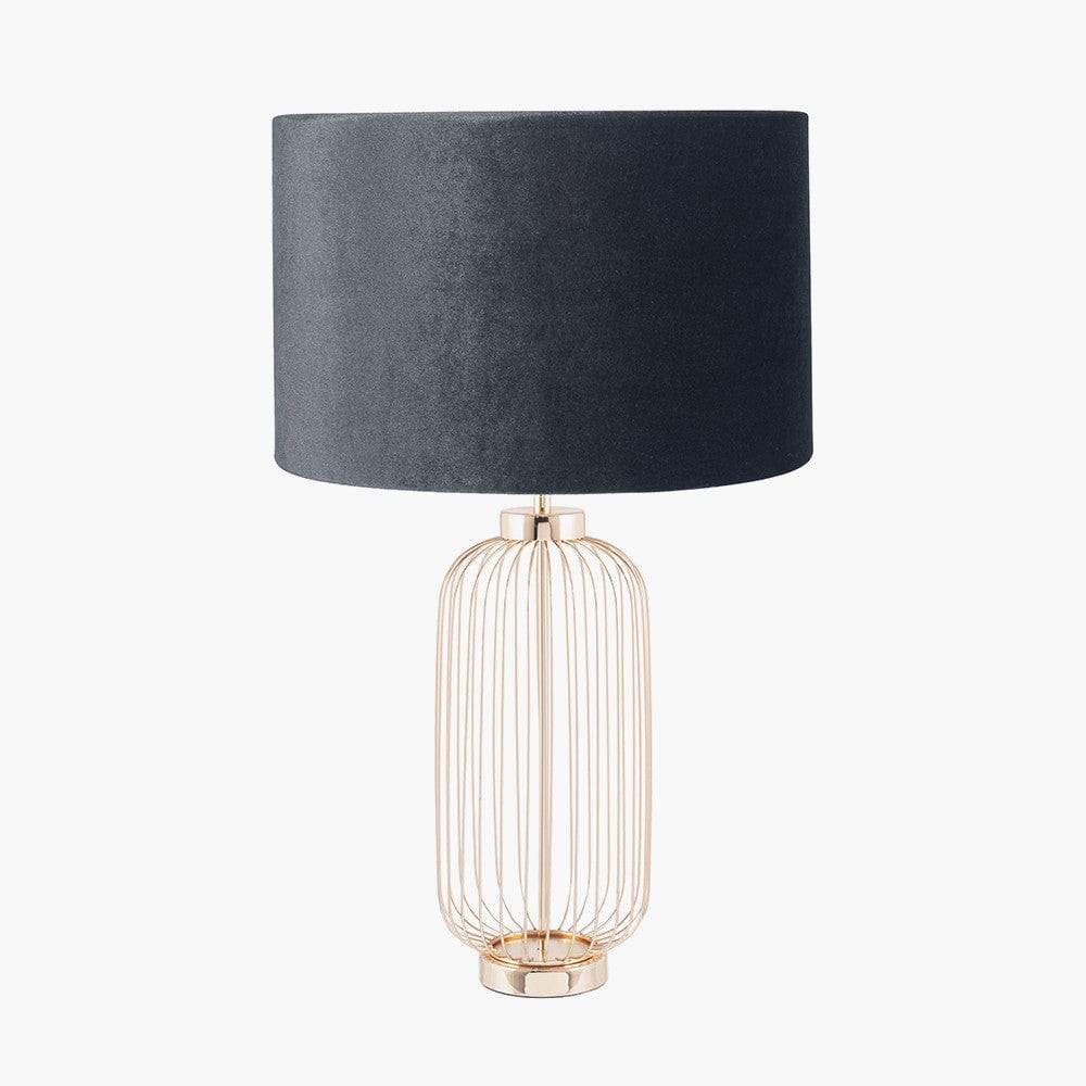 Dania French Gold Metal Wire Tall Table Lamp Base with Bow 40cm Slate Velvet Cylinder Lampshade.