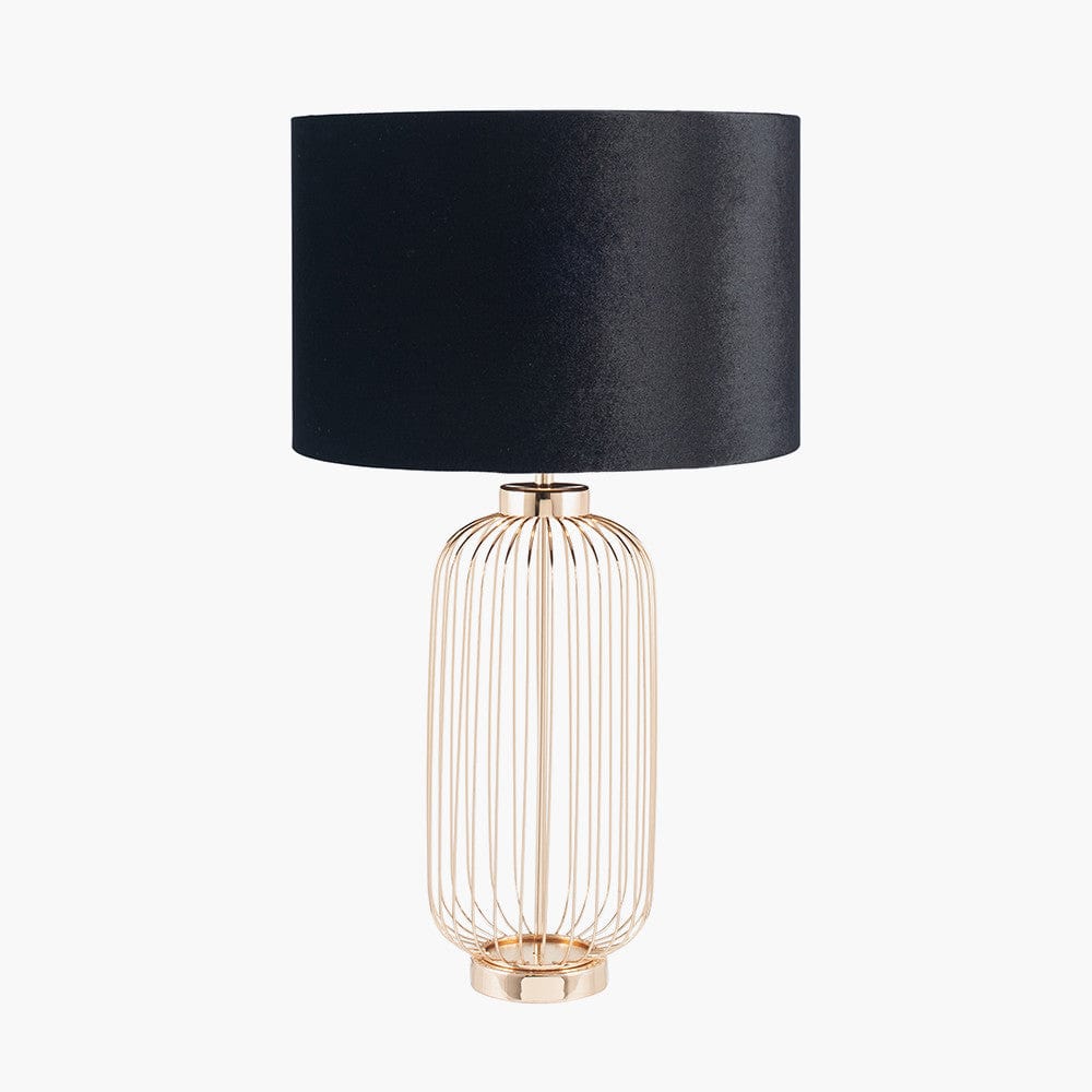 Dania French Gold Metal Wire Tall Table Lamp Base with Bow 45cm Black Velvet Cylinder Lampshade.