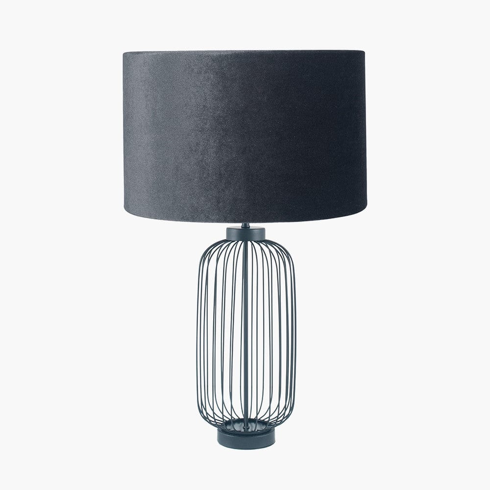 Dania Matt Black Metal Wire Tall Table Lamp Base with Bow 40cm Slate Velvet Cylinder Lampshade.