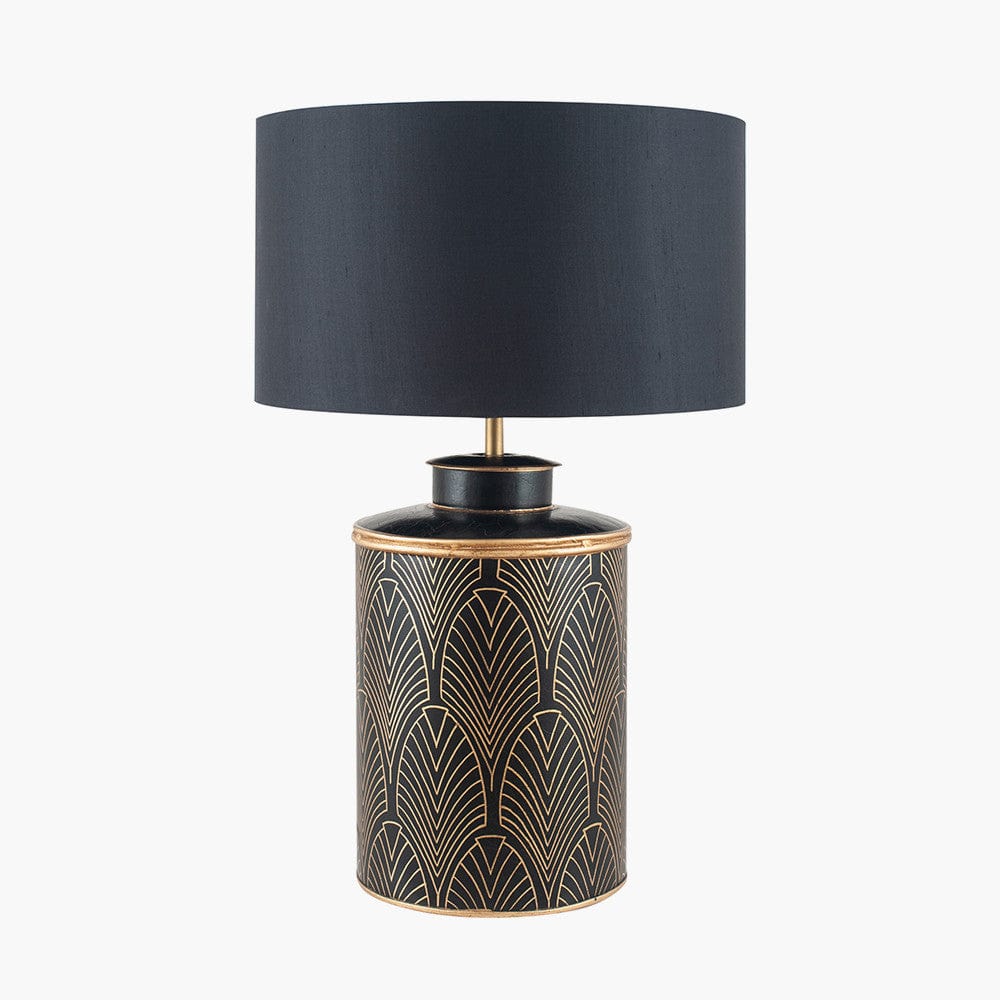 Pacific Lifestyle Lighting Deco Black Geo Art Deco Hand Painted Table Lamp Base with Harry 40cm Black Cotton Mix Cylinder Lampshade House of Isabella UK