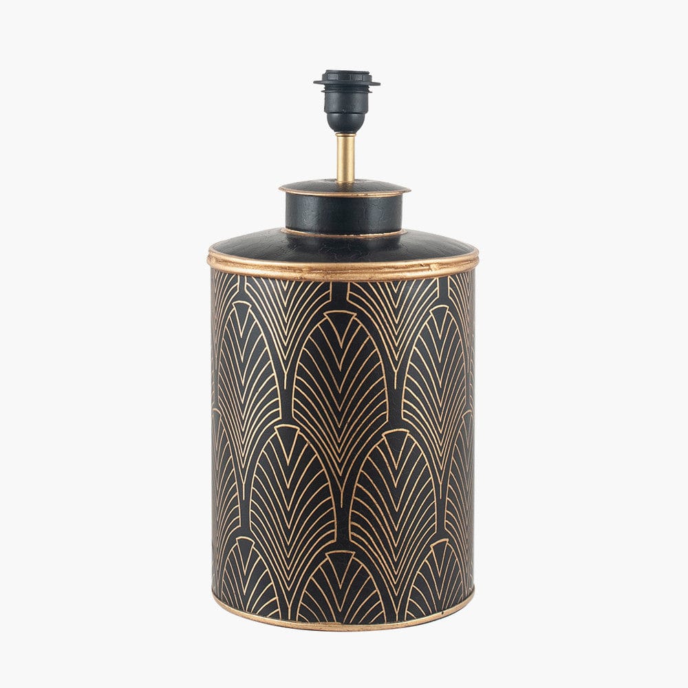 Pacific Lifestyle Lighting Deco Black Geo Art Deco Hand Painted Table Lamp Base with Harry 40cm Taupe Cotton Mix Cylinder Lampshade House of Isabella UK