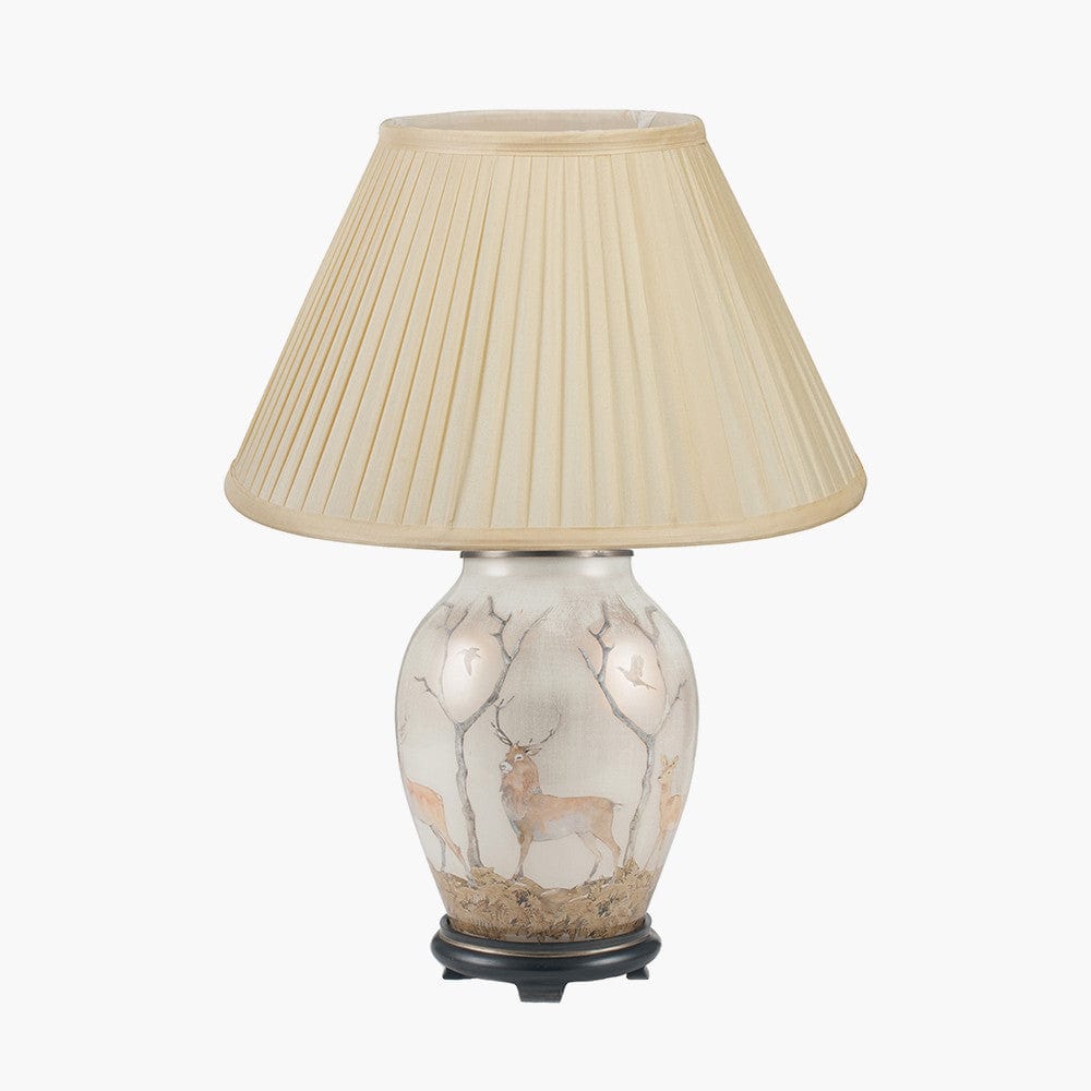 Deer Medium Glass Table Lamp Base with Bacall 35cm Almond Silk Knife Pleat Empire Lampshade.