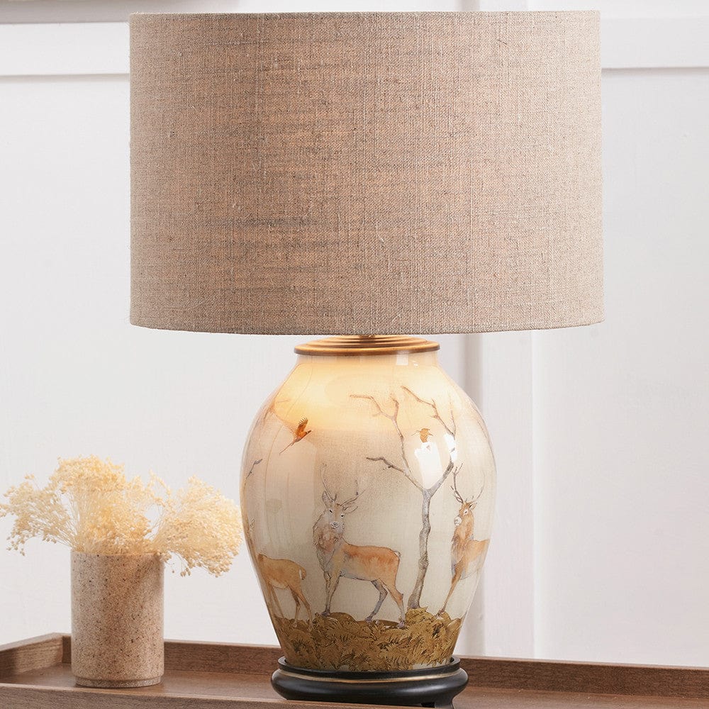 Pacific Lifestyle Lighting Deer Medium Glass Table Lamp Base with Edward 30cm Natural Linen Cylinder Shade House of Isabella UK
