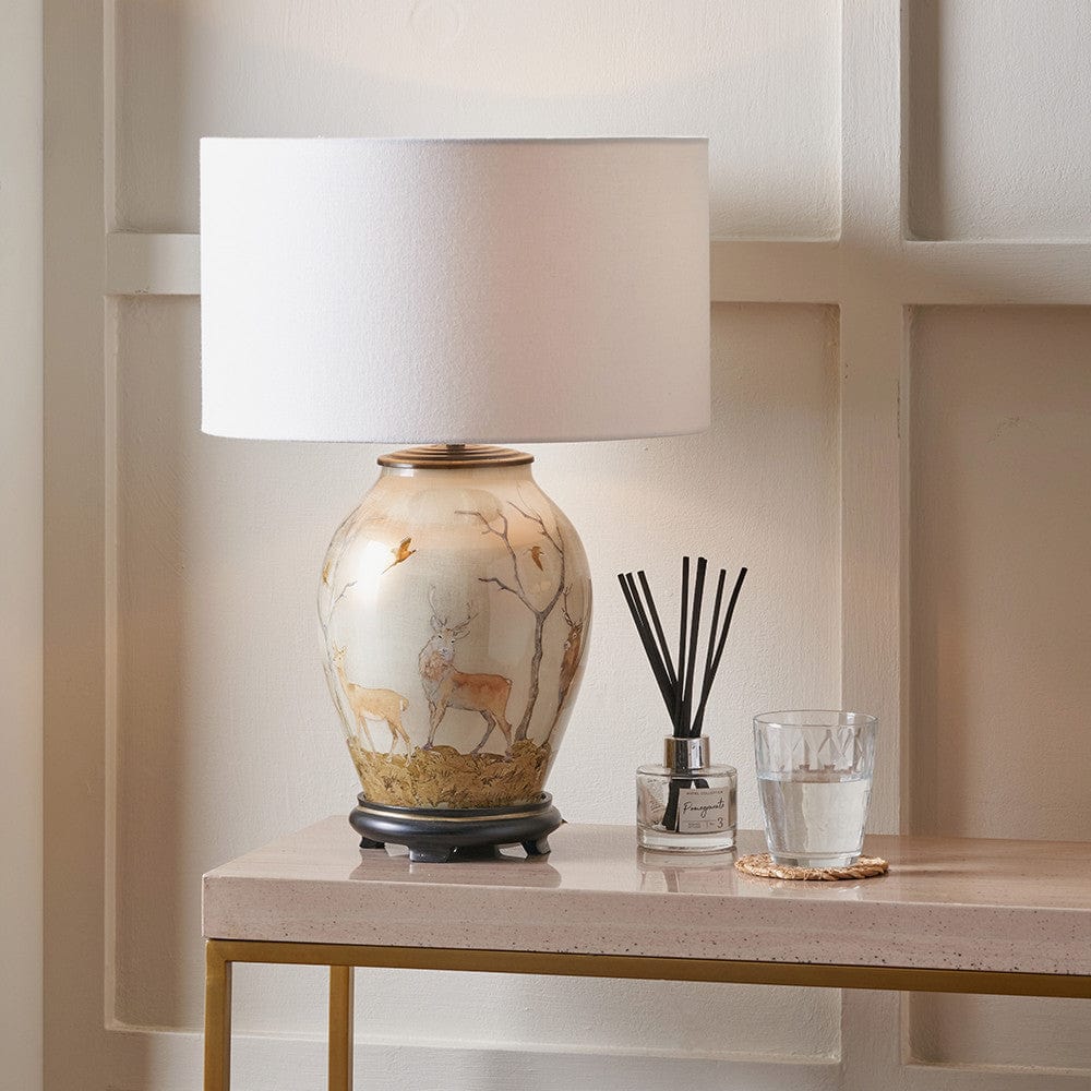 Deer Medium Glass Table Lamp Base with Henry 35cm White Handloom Cylinder Lampshade.