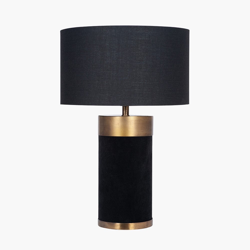 Dempsey Black Velvet and Antique Gold Metal Table Lamp Base with Harry 30cm Black Cotton Mix Cylinder Lampshade.
