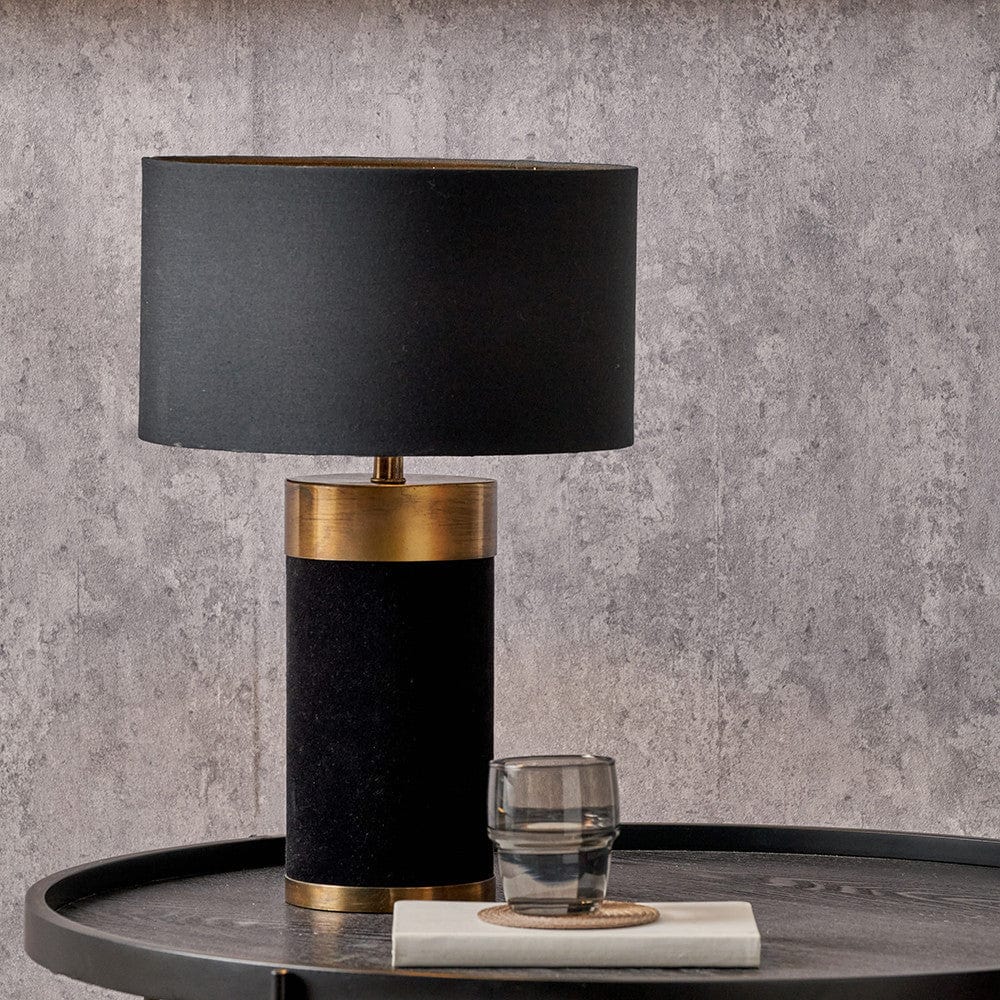 Dempsey Black Velvet and Antique Gold Metal Table Lamp Base with Harry 30cm Black Cotton Mix Cylinder Lampshade.