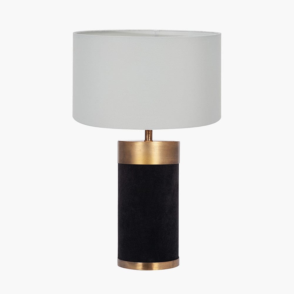 Dempsey Black Velvet and Antique Gold Metal Table Lamp Base with Harry 30cm Ivory Cotton Mix Cylinder Lampshade.