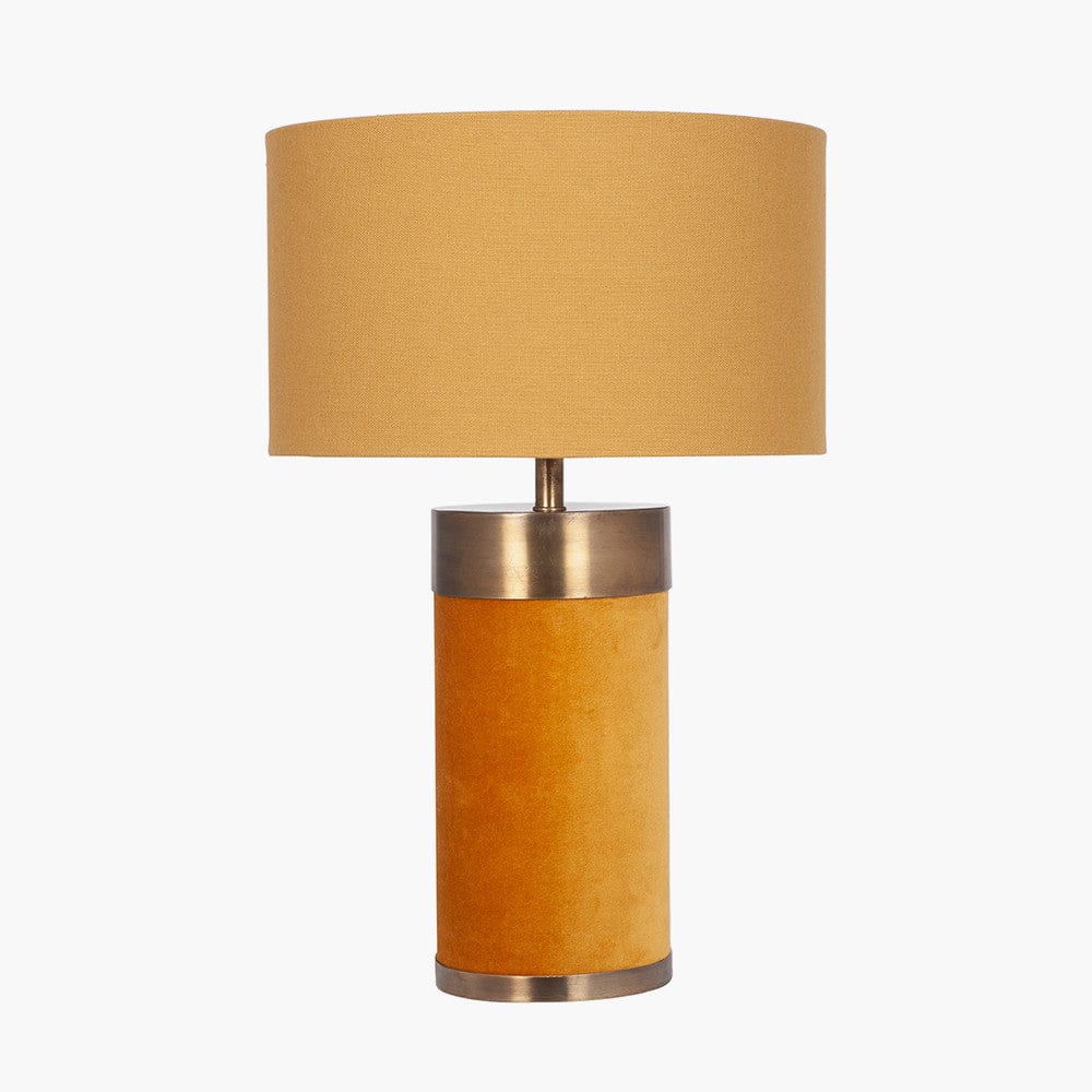 Dempsey Mustard Velvet and Antique Gold Metal Table Lamp Base with Henry 30cm Mustard Handloom Cylinder Lampshade.