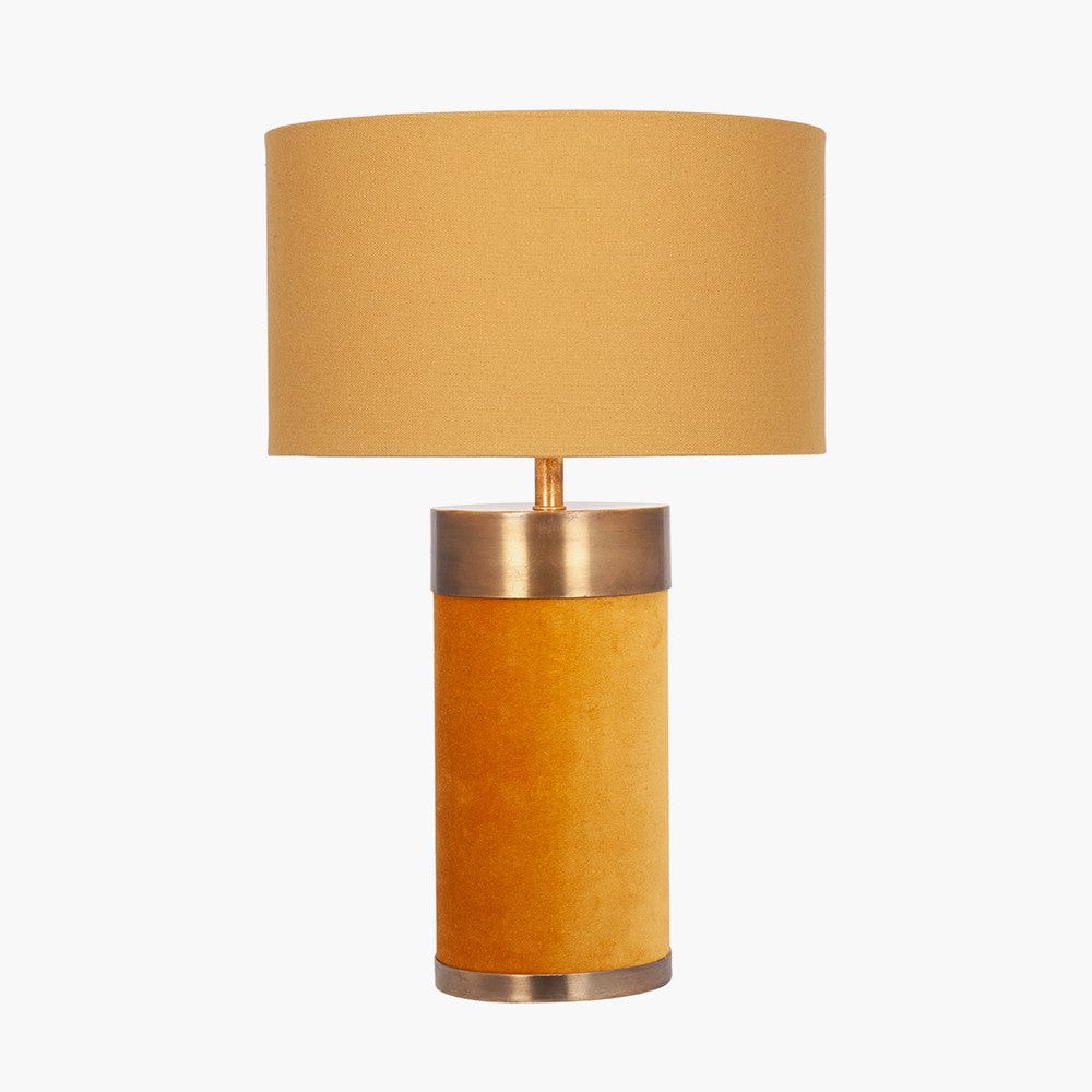 Dempsey Mustard Velvet and Antique Gold Metal Table Lamp Base with Henry 30cm Mustard Handloom Cylinder Lampshade.