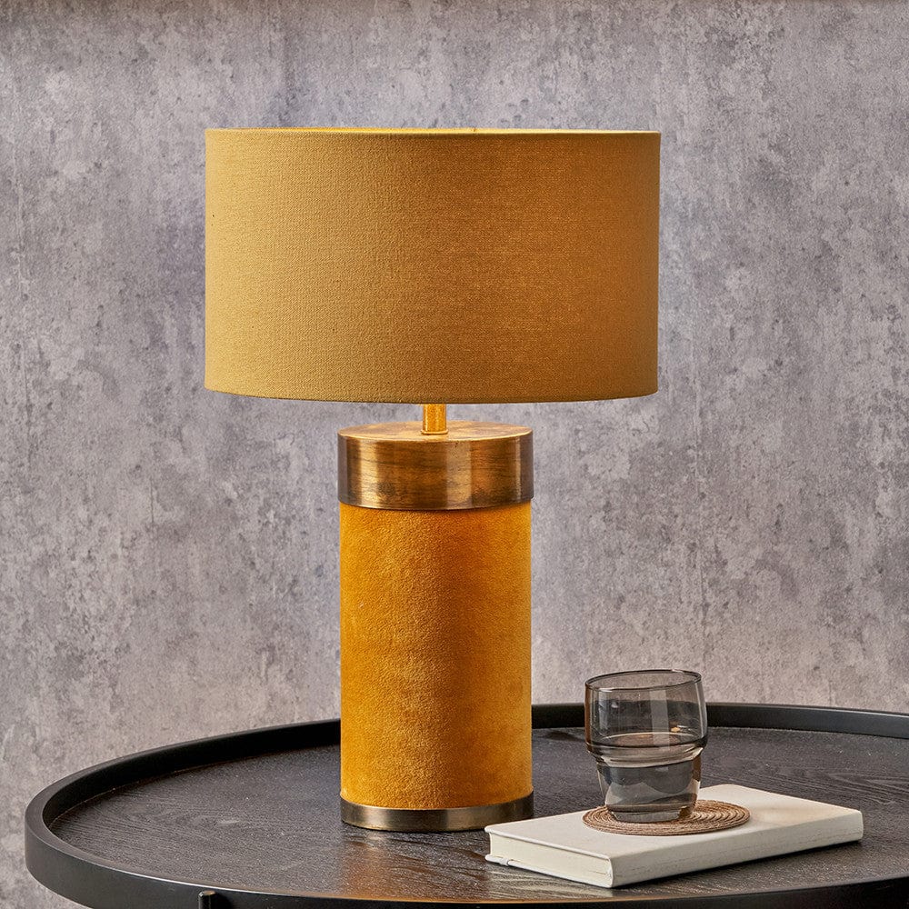 Dempsey Mustard Velvet and Antique Gold Metal Table Lamp Base with Henry 30cm Mustard Handloom Cylinder Lampshade.