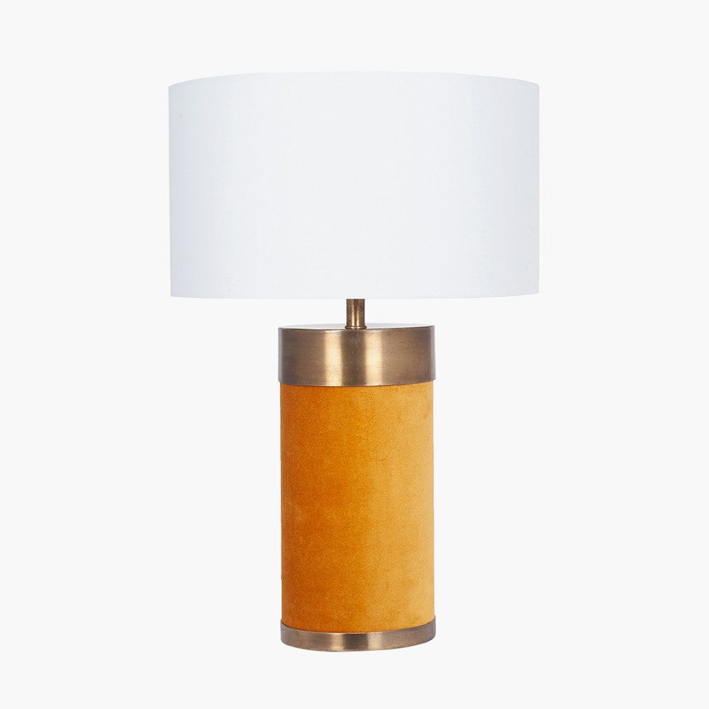 Dempsey Mustard Velvet and Antique Gold Metal Table Lamp Base with Henry 30cm White Handloom Cylinder Lampshade.