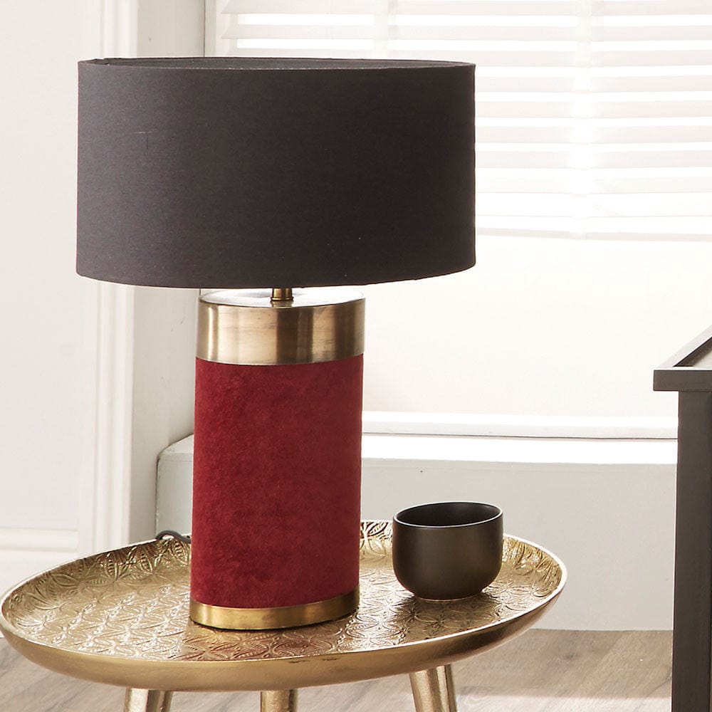 Dempsey Red Velvet and Antique Gold Metal Table Lamp - Base Only.