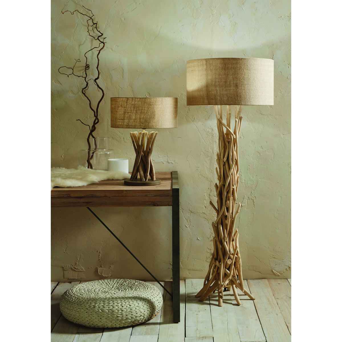 Derna Drift Wood Floor Lamp with Natural Jute Shade.