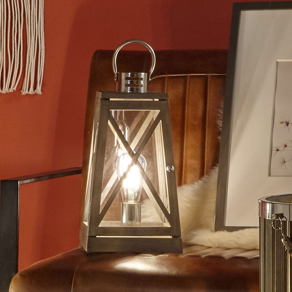 Devon Grey Wood and Chrome Lantern Table Lamp.