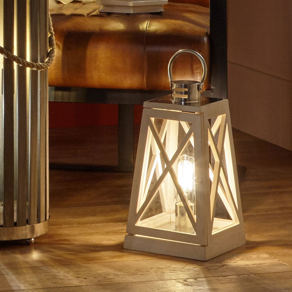 Devon White Wash and Chrome Lantern Table Lamp.