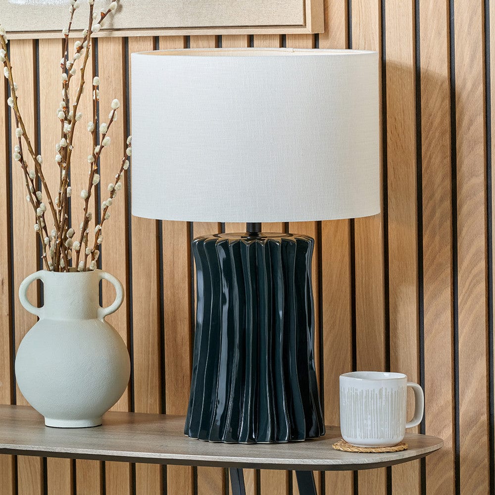 Devony Black Pleated Ceramic Table Lamp Base with Lino 35cm White Self Lined Linen Cylinder Lampshade.