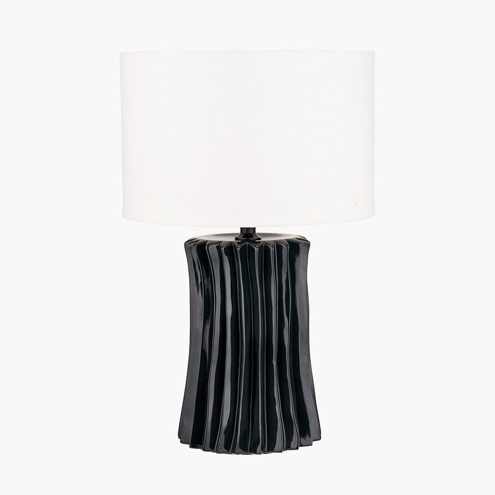 Devony Black Pleated Ceramic Table Lamp Base with Lino 35cm White Self Lined Linen Cylinder Lampshade.