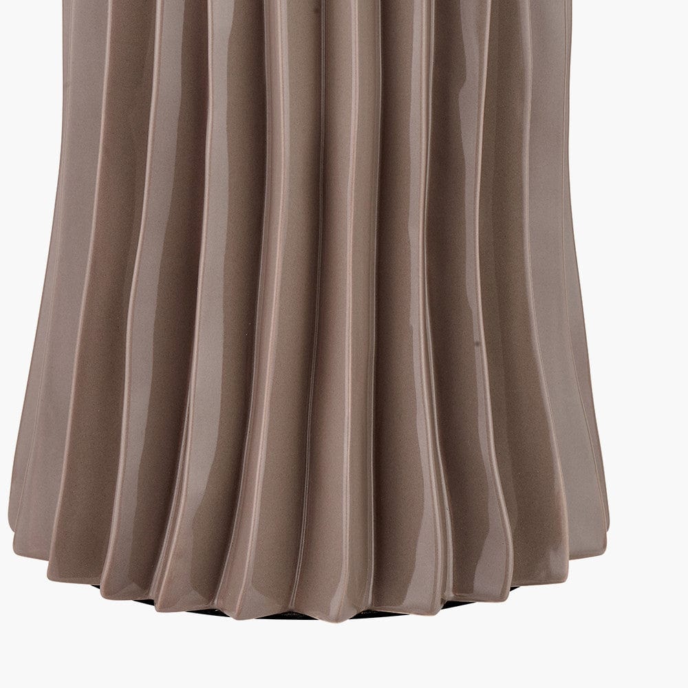 Devony Taupe Pleated Ceramic Table Lamp Base with Lino 35cm White Self Lined Linen Cylinder Lampshade.
