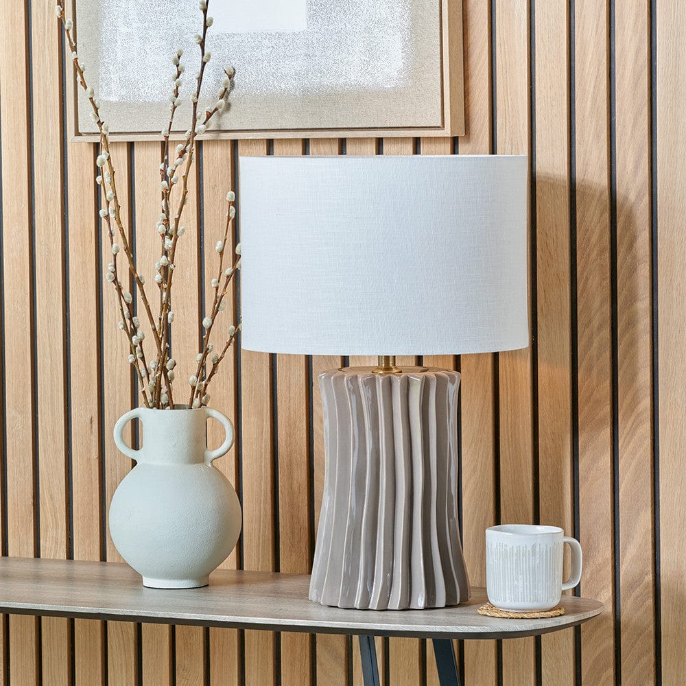Devony Taupe Pleated Ceramic Table Lamp Base with Lino 35cm White Self Lined Linen Cylinder Lampshade.