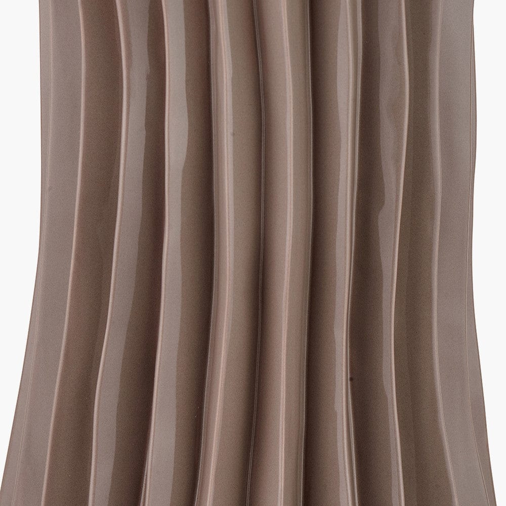 Devony Taupe Pleated Ceramic Table Lamp Base with Lino 35cm White Self Lined Linen Cylinder Lampshade.
