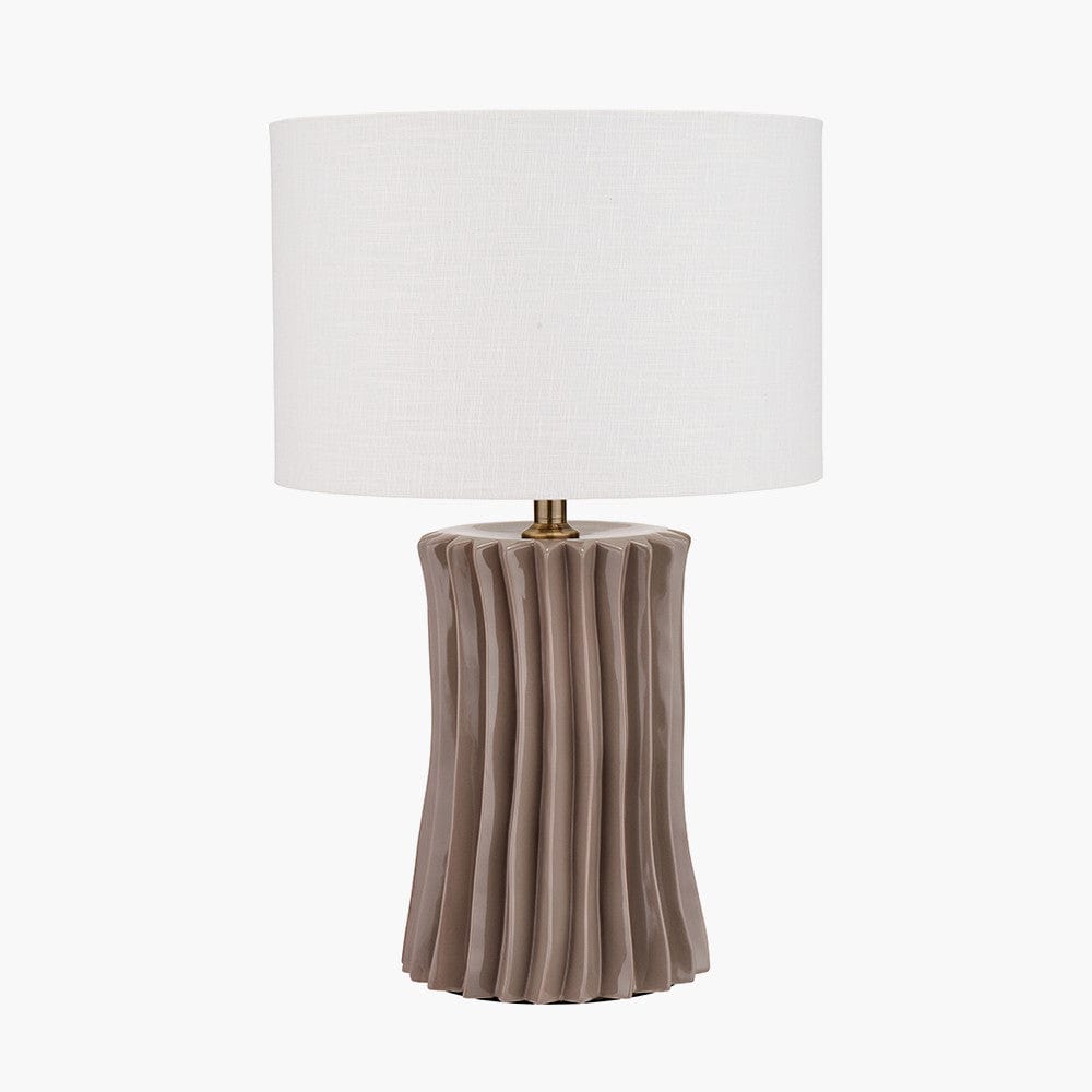 Devony Taupe Pleated Ceramic Table Lamp Base with Lino 35cm White Self Lined Linen Cylinder Lampshade.