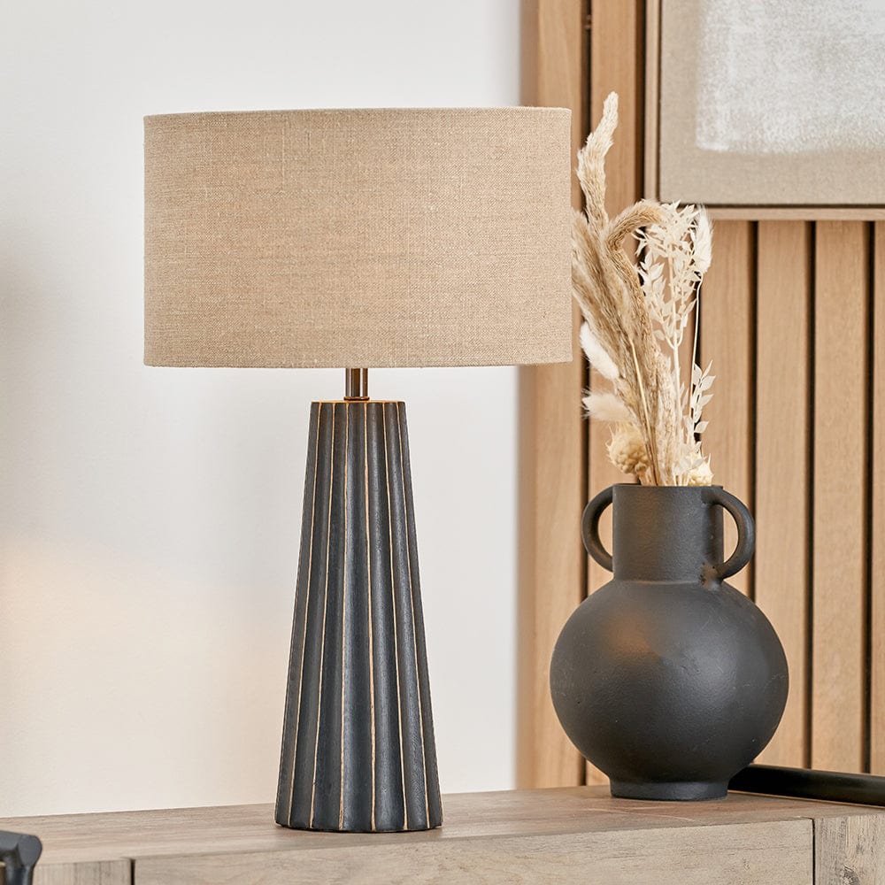 Pacific Lifestyle Lighting Draydon Black Wash Mango Wood Textured Cone Table Lamp House of Isabella UK