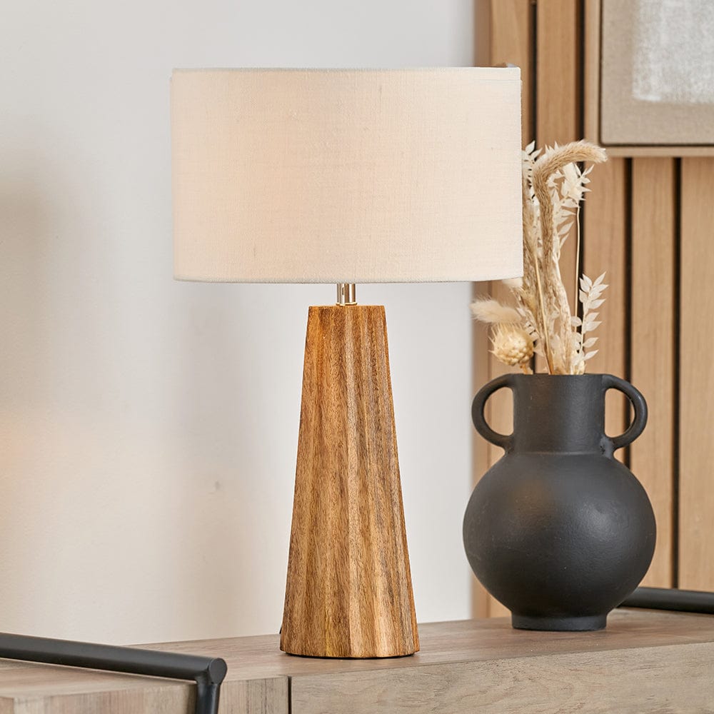 Draydon Natural Mango Wood Textured Cone Table Lamp.