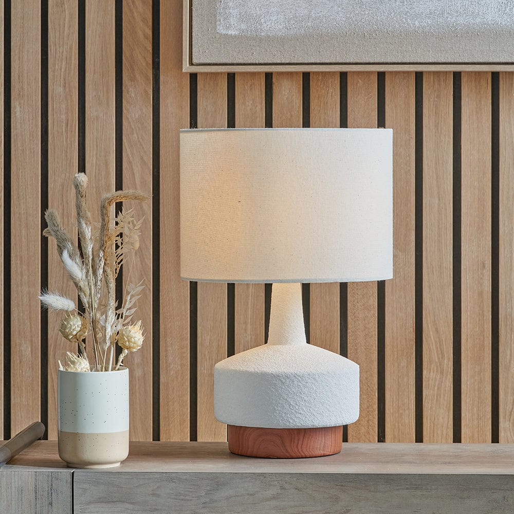 Elio White and Wood Effect Textured Ceramic Table Lamp.