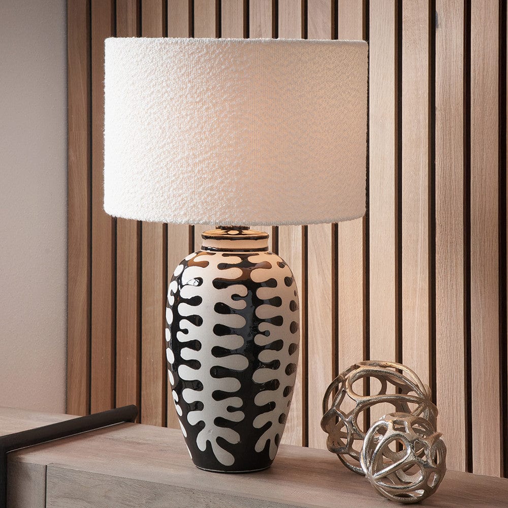 Elkorn Black and White Tall Coral Ceramic Table Lamp Base with Rouen 35cm White Boucle Cylinder Lampshade.