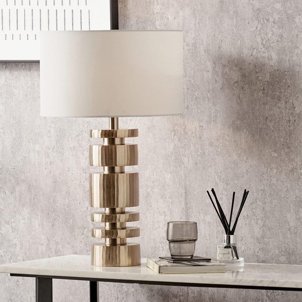 Elon Champagne Gold Metal Stacked Cylinder Table Lamp Base with Harry 35cm Ivory Cotton Mix Cylinder Lampshade.
