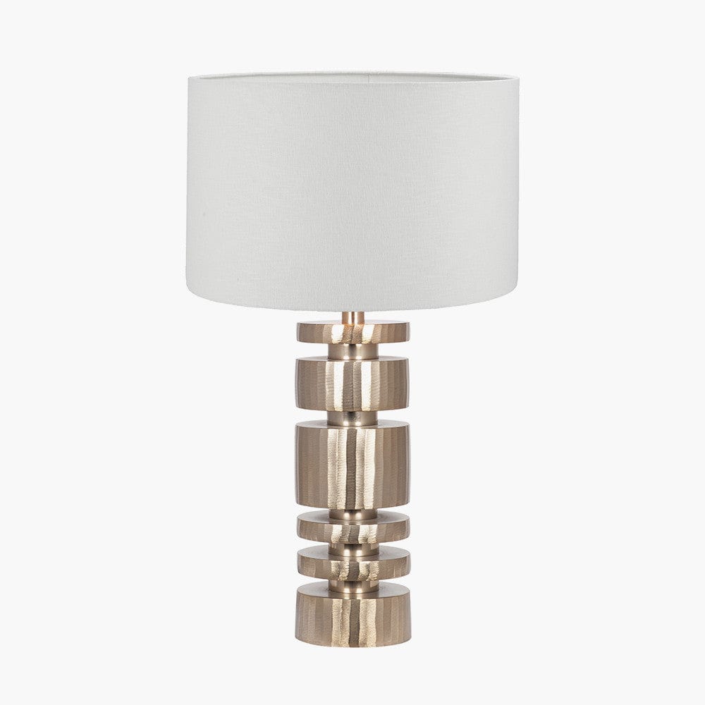 Elon Champagne Gold Metal Stacked Cylinder Table Lamp Base with Lino 35cm White Self Lined Linen Cylinder Lampshade.